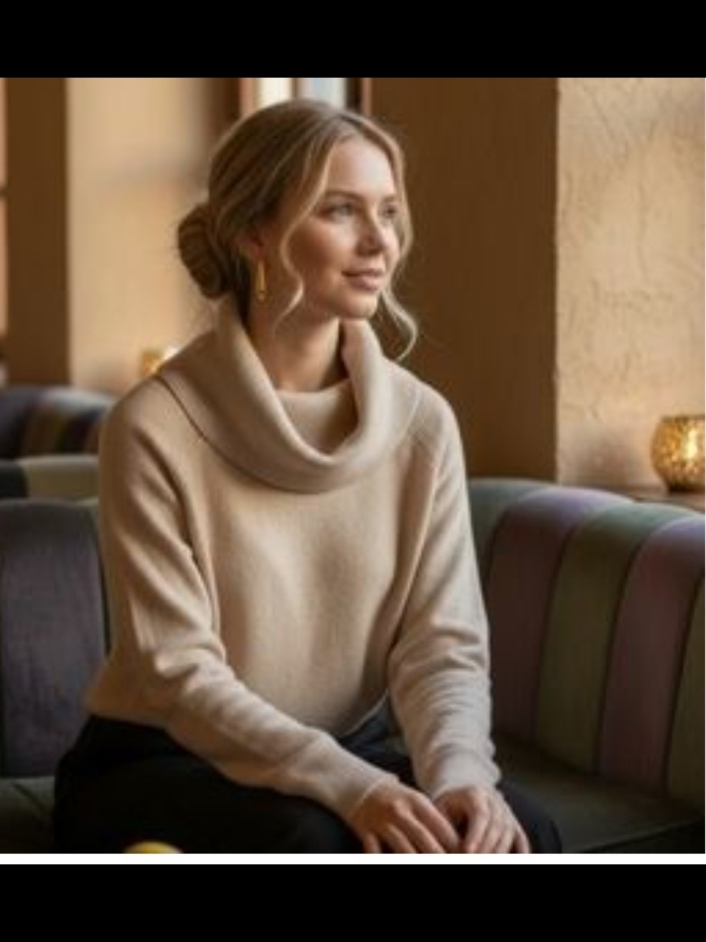 NWOT..Nicole Miller Beige Cowl Neck Sweater. 100 Percent Extra Fine Merino Wool